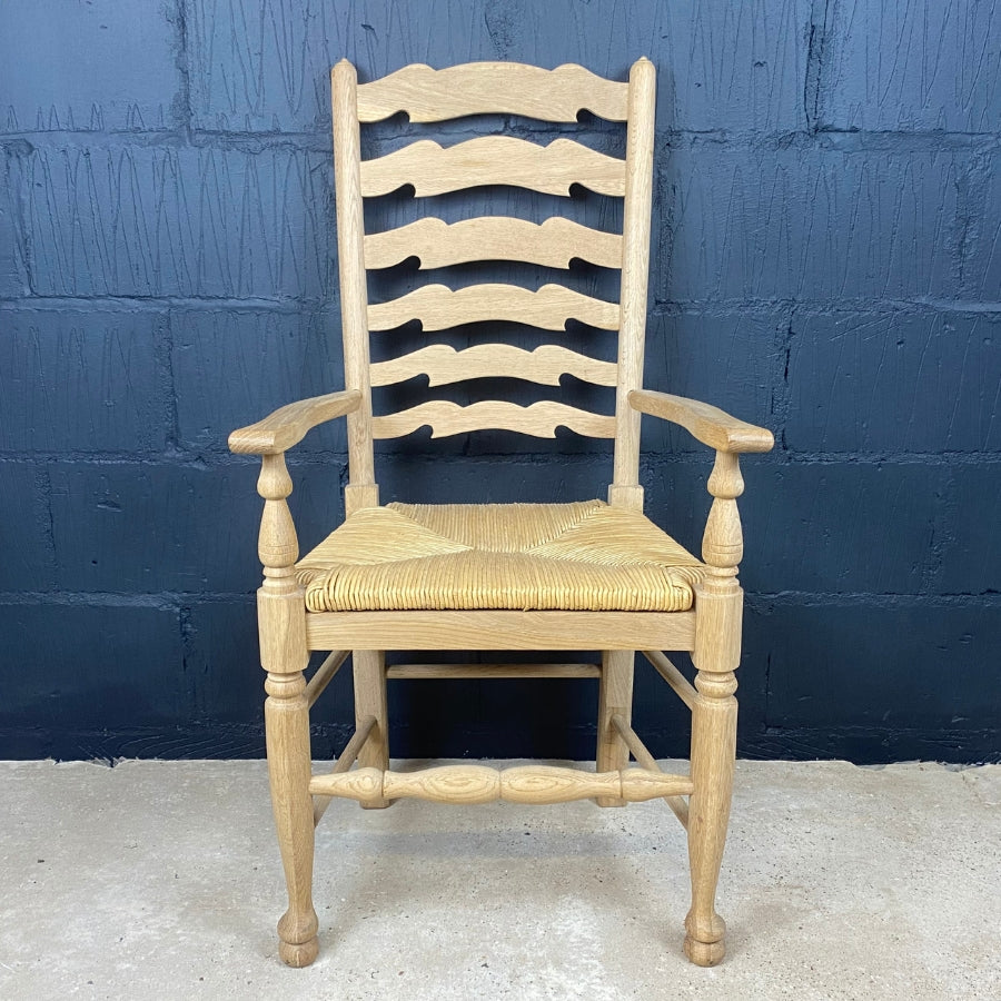 Antique Style Ladder Back Oak Carver Chairs with Rush Seat