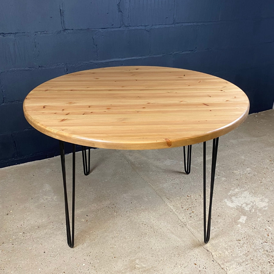 Round Pine Dining Table with Hairpin Legs